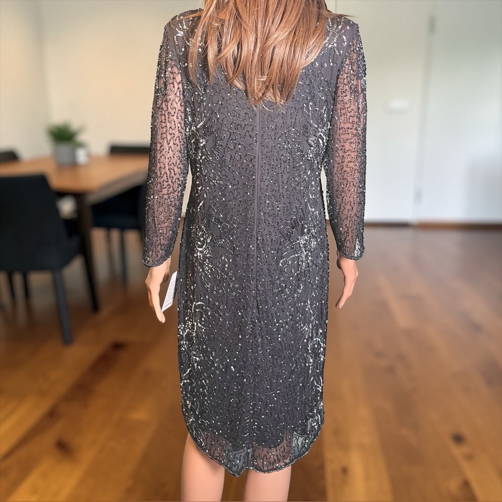 Pisarro Nights Beaded Dress Size 14 Slate Gray Sheer Sleeve Formal NWT - Picture 7 of 9